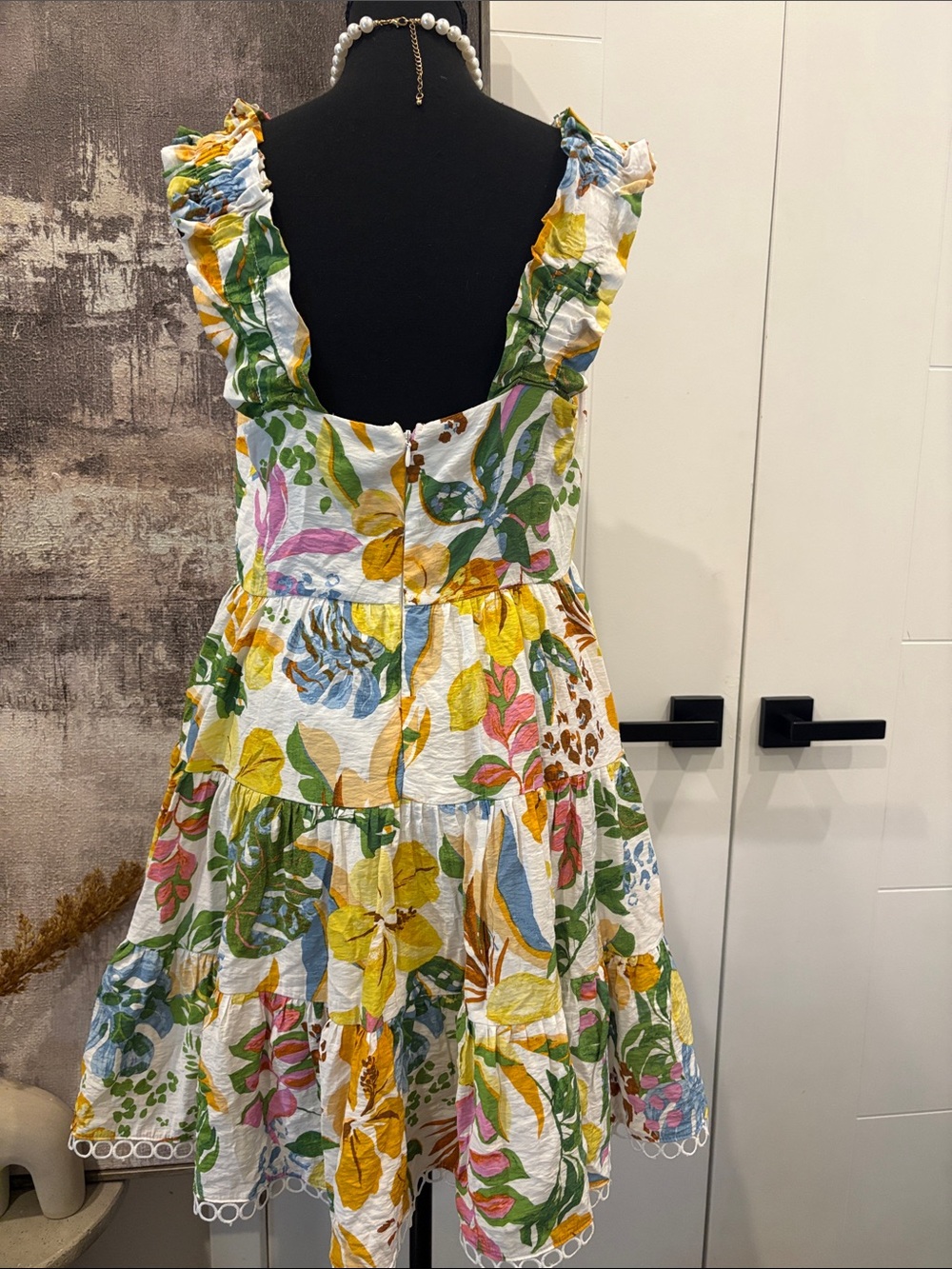 Aqua 100 % Cotton Water color mini Yellow, Green & Blue Floral Tiered Sundress - Picture 4 of 5